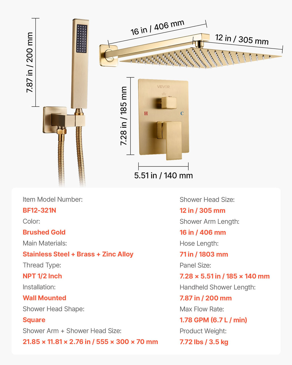 VEVOR Shower Faucet Set, Rainfall Bathroom Shower System with 12-Inch Square Rain Shower Head and Handheld Spray, Wall Mounted Bath Fixtures with Brass Valve and Trim Kit, Brushed Gold - BGSAZDPHSZHLC0A0B001V0 - view 8