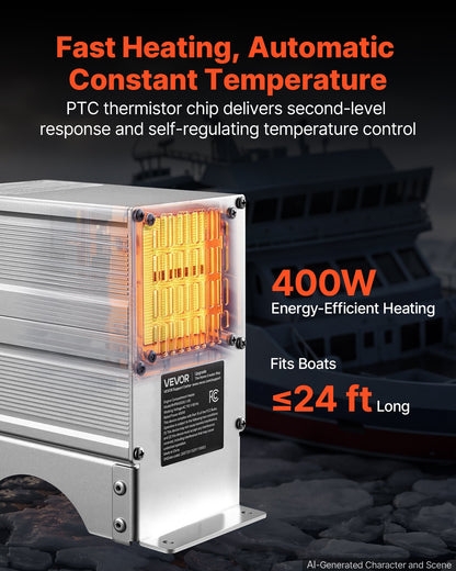 VEVOR Boat Engine Compartment Heater, 400W Bilge Heater Fit Boats Up to 24FT, with Self-Regulating PTC Element & Automatic Thermostat, IP68 Waterproof Fan
