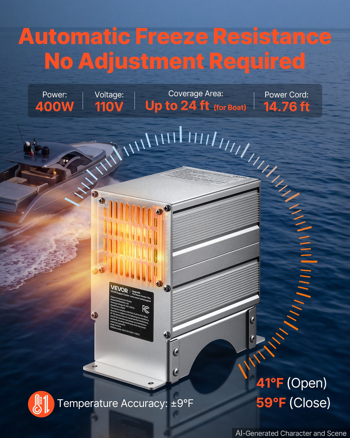 VEVOR Boat Engine Compartment Heater, 400W Bilge Heater Fit Boats Up to 24FT, with Self-Regulating PTC Element & Automatic Thermostat, IP68 Waterproof Fan