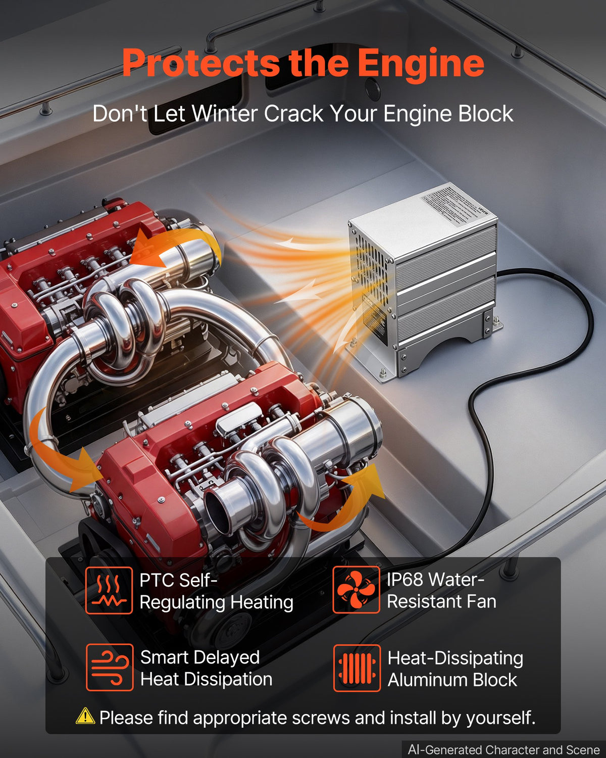 VEVOR Boat Engine Compartment Heater, 400W Bilge Heater Fit Boats Up to 24FT, with Self-Regulating PTC Element & Automatic Thermostat, IP68 Waterproof Fan
