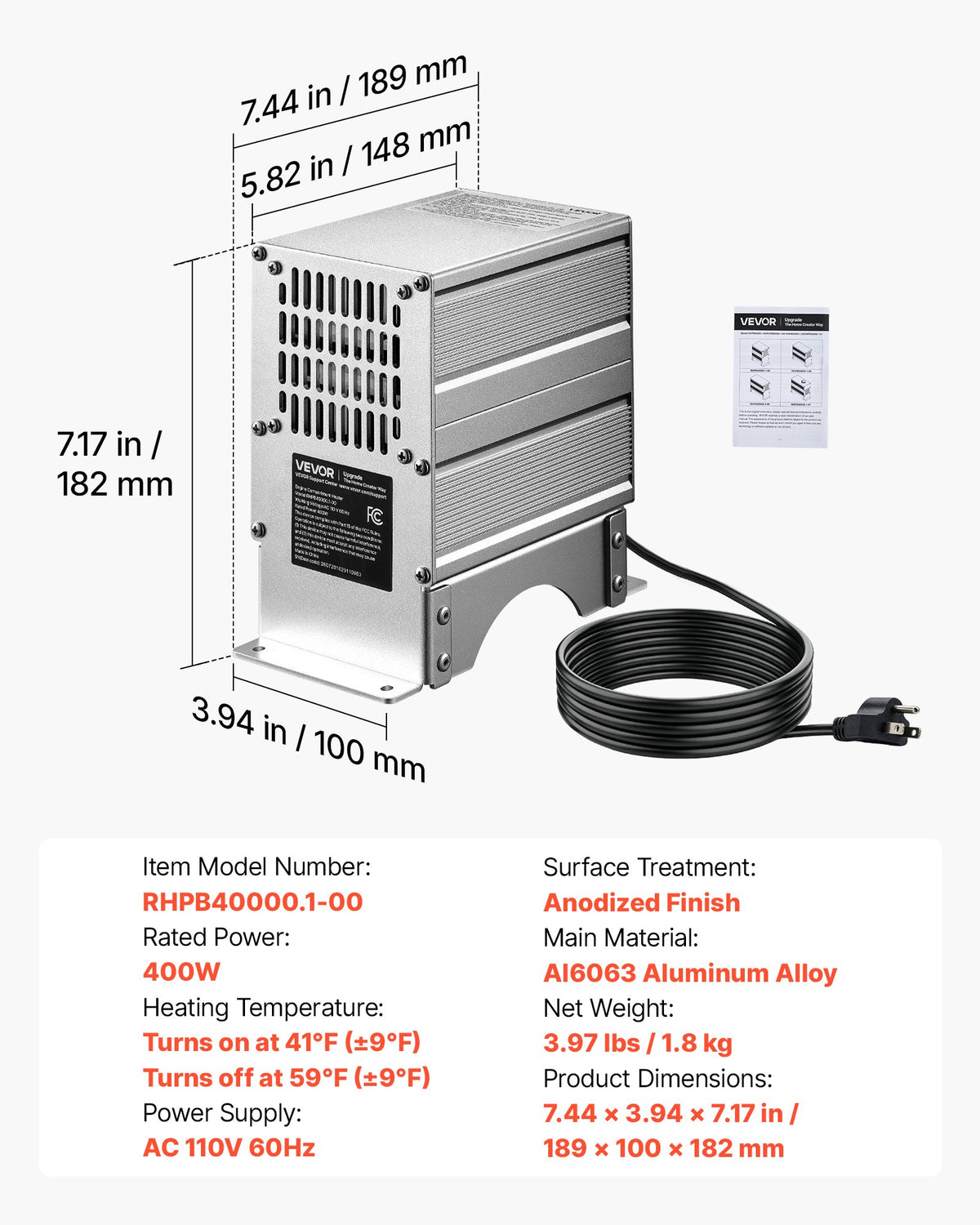 VEVOR Boat Engine Compartment Heater, 400W Bilge Heater Fit Boats Up to 24FT, with Self-Regulating PTC Element & Automatic Thermostat, IP68 Waterproof Fan