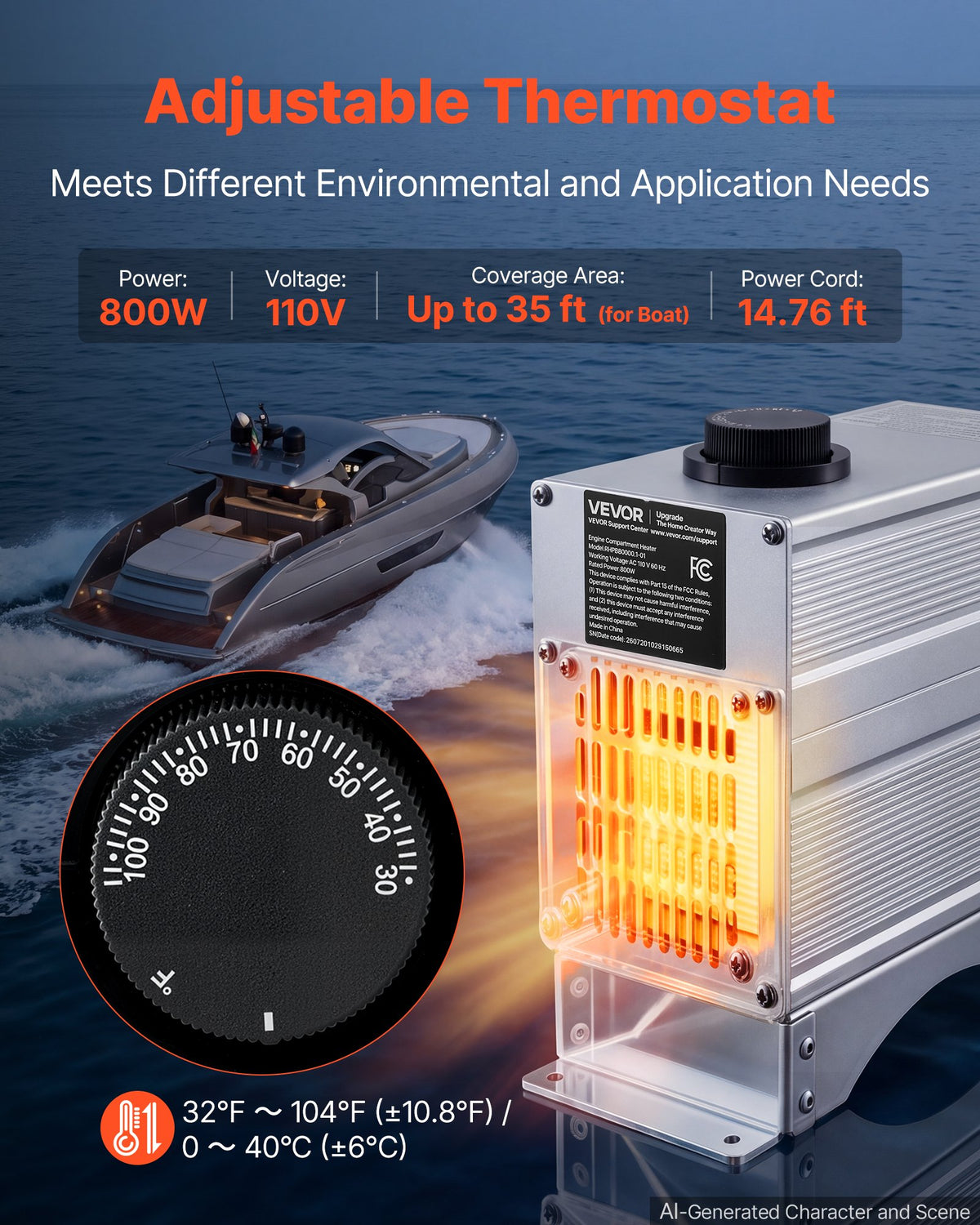 VEVOR Boat Engine Compartment Heater, 800W Bilge Heater Fit Boats Up to 35FT, Self-Regulating PTC Element & 32-104°F Adjustable Thermostat, IP68 Waterproof Fan, Winter Freeze Protection for Boats RVs - BGSFDJCJRQ808EQQF001V1 - view 4