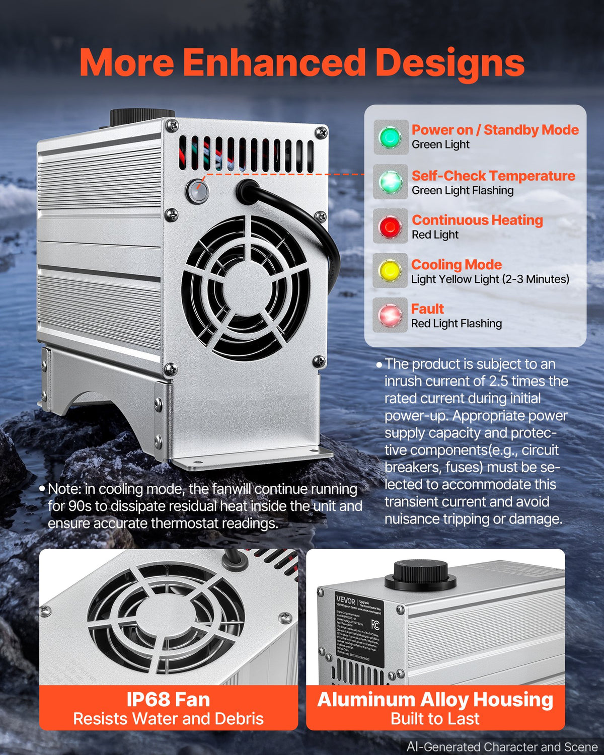 VEVOR Boat Engine Compartment Heater, 800W Bilge Heater Fit Boats Up to 35FT, Self-Regulating PTC Element & 32-104°F Adjustable Thermostat, IP68 Waterproof Fan, Winter Freeze Protection for Boats RVs - BGSFDJCJRQ808EQQF001V1 - view 6
