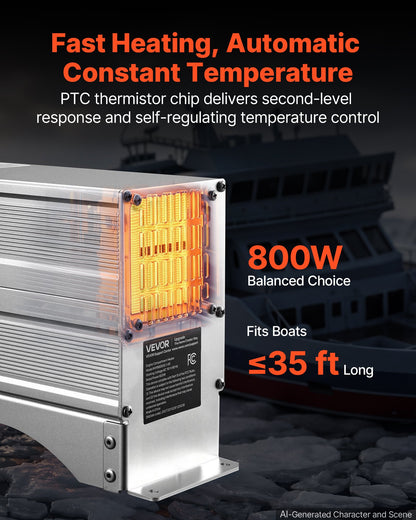 VEVOR Boat Engine Compartment Heater, 800W Bilge Heater Fit Boats Up to 35FT, with Self-Regulating PTC Element & Automatic Thermostat, IP68 Waterproof Fan