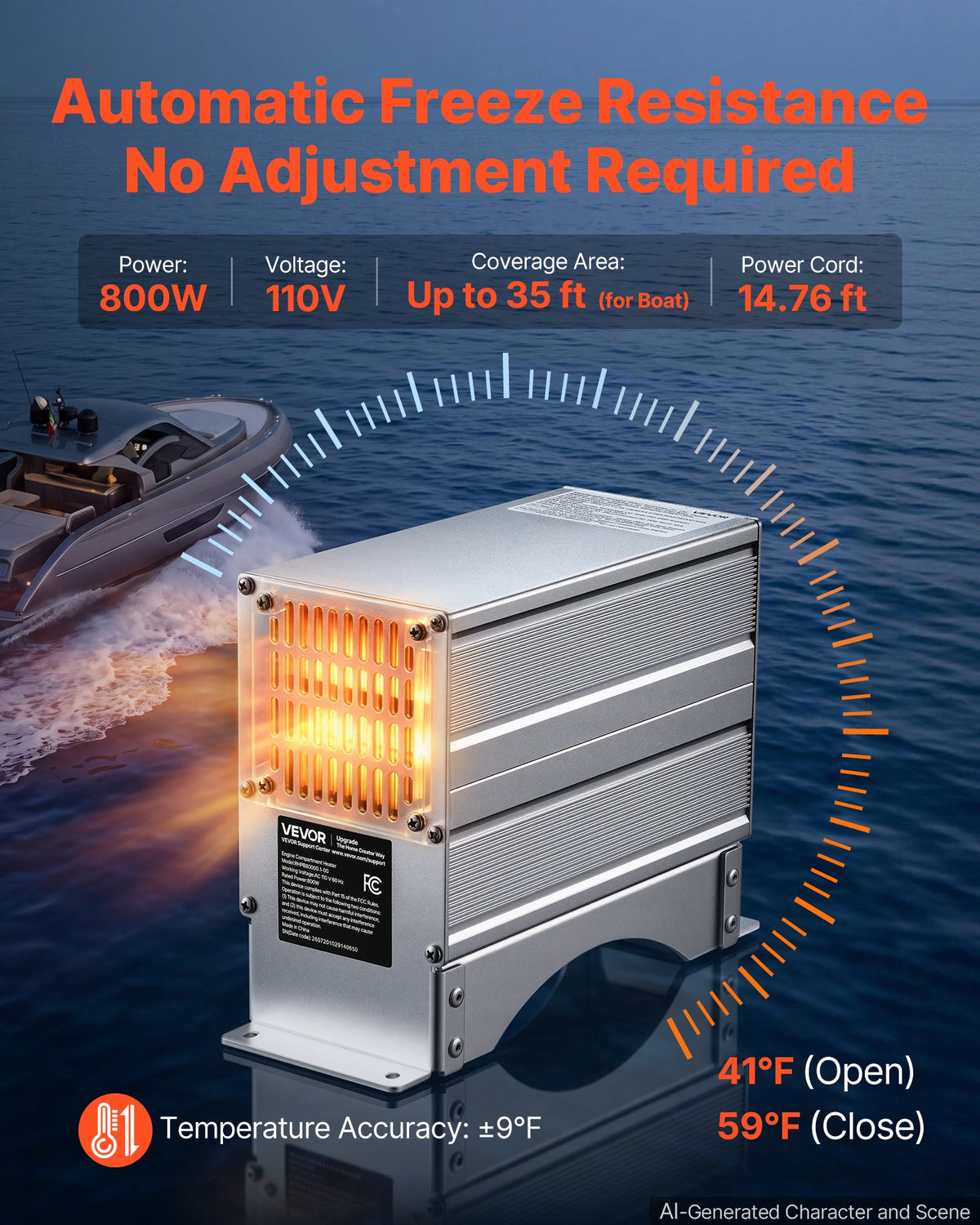 VEVOR Boat Engine Compartment Heater, 800W Bilge Heater Fit Boats Up to 35FT, with Self-Regulating PTC Element & Automatic Thermostat, IP68 Waterproof Fan