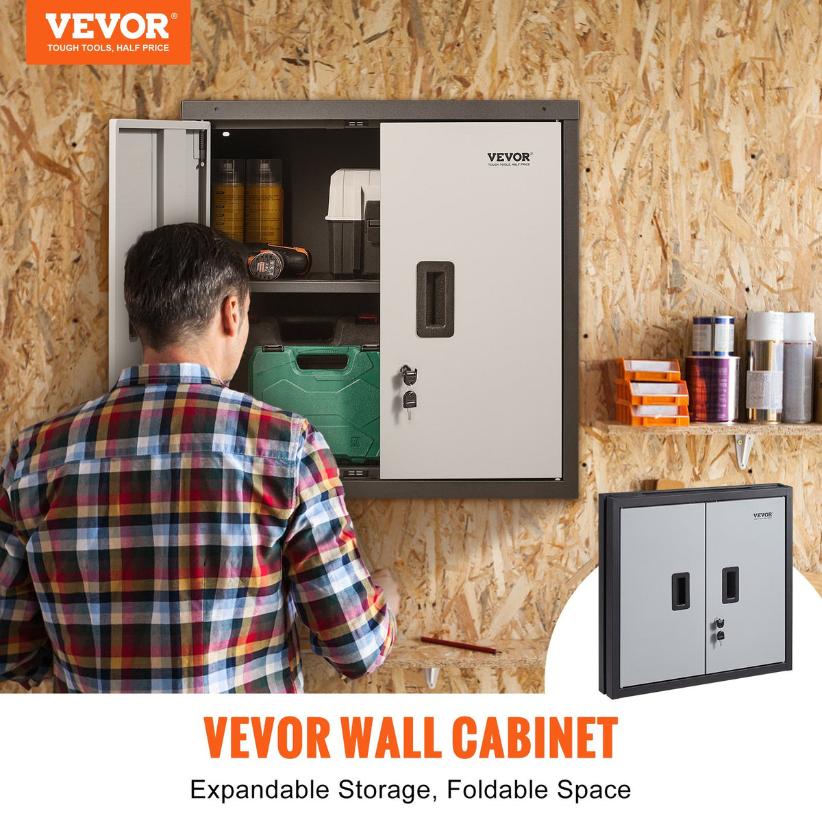 VEVOR Foldable Wall Cabinet, Metal Garage Locker Mounted 26" Small Tool Chest 240 LBS Loading Capacity Adjustable Shelf Magnetic Door File for Warehouse Office Home Black - BGSGJJ120LBSECZZ6V0 - view 2