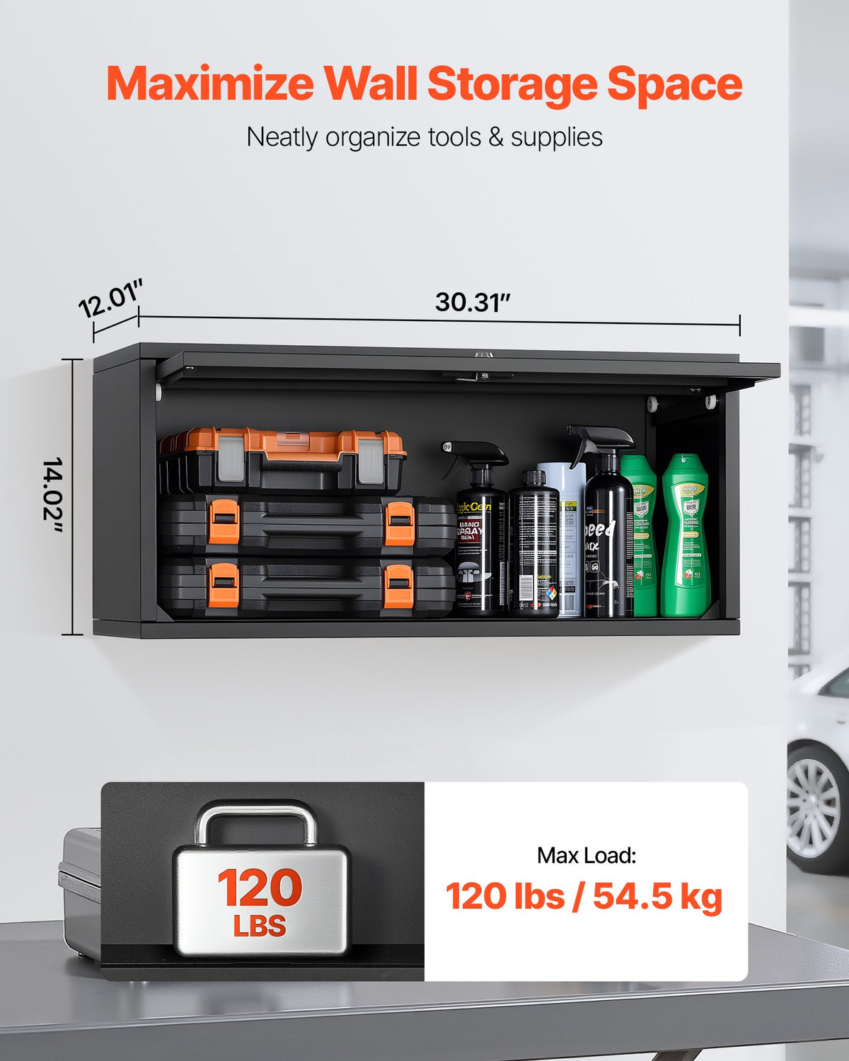 VEVOR Metal Wall Cabinet, 27.56W x 12.01D x 14.02H Inch, Floating Garage Tool Cabinet with Up-Flip Door, 120 lbs Load per Shelf, Fit for Garage, Basement, Kitchen, Warehouse, Assembly Required - BGSGJJSFWKFGFH9LD001V0 - view 3