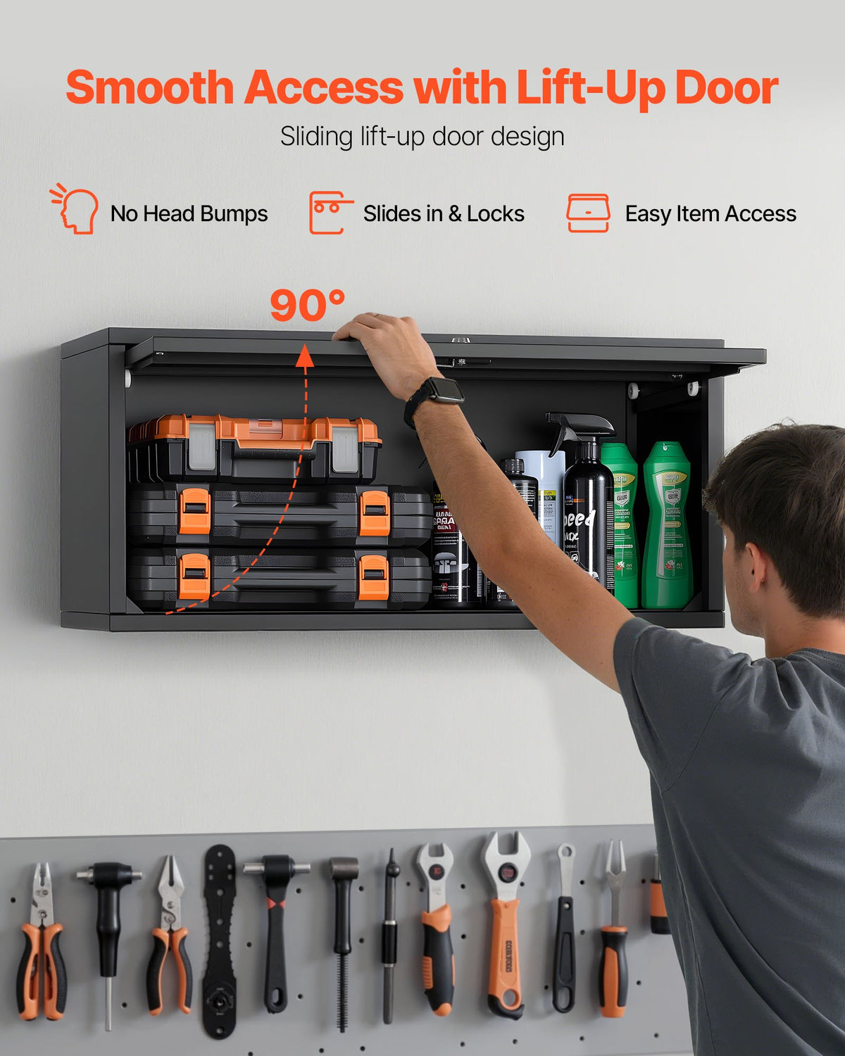 VEVOR Metal Wall Cabinet, 27.56W x 12.01D x 14.02H Inch, Floating Garage Tool Cabinet with Up-Flip Door, 120 lbs Load per Shelf, Fit for Garage, Basement, Kitchen, Warehouse, Assembly Required - BGSGJJSFWKFGFH9LD001V0 - view 5