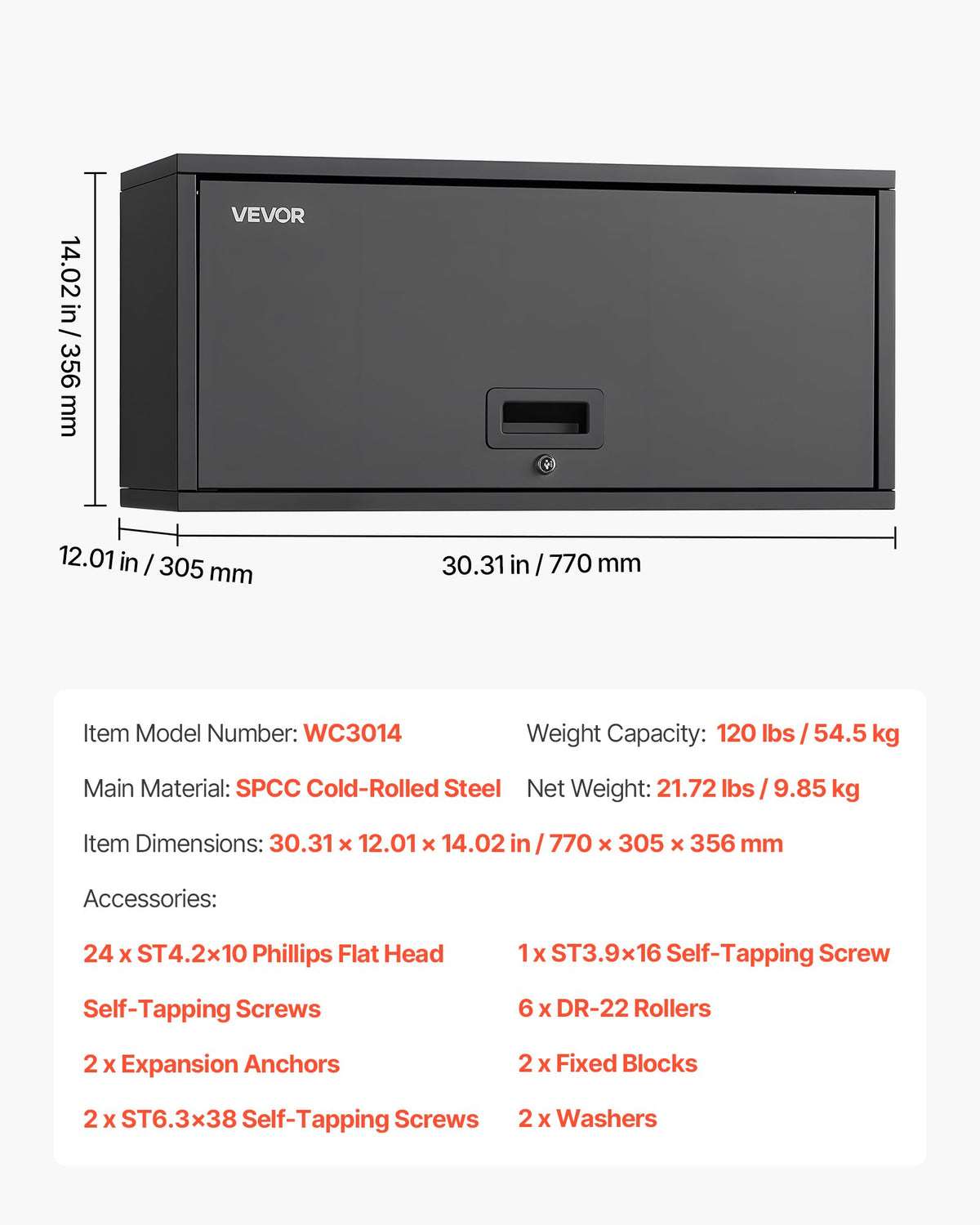 VEVOR Metal Wall Cabinet, 27.56W x 12.01D x 14.02H Inch, Floating Garage Tool Cabinet with Up-Flip Door, 120 lbs Load per Shelf, Fit for Garage, Basement, Kitchen, Warehouse, Assembly Required - BGSGJJSFWKFGFH9LD001V0 - view 8