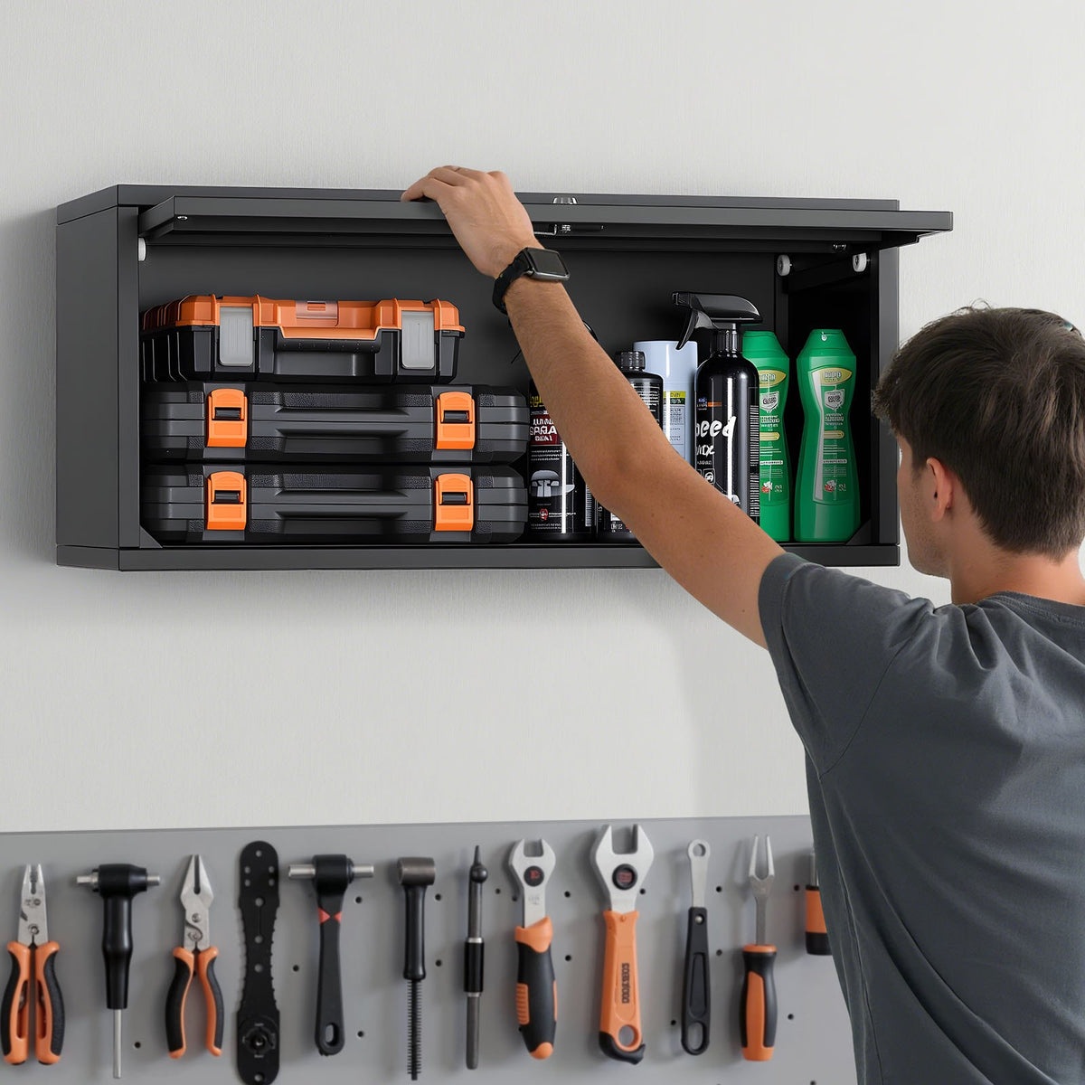VEVOR Metal Wall Cabinet, 27.56W x 12.01D x 14.02H Inch, Floating Garage Tool Cabinet with Up-Flip Door, 120 lbs Load per Shelf, Fit for Garage, Basement, Kitchen, Warehouse, Assembly Required - BGSGJJSFWKFGFH9LD001V0 - view 9