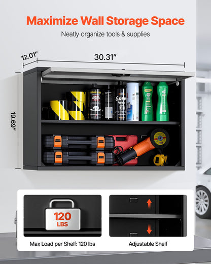 VEVOR Metal Wall Cabinet, 27.56W x 12.01D x 19.69H Inch, Floating Garage Tool Cabinet with Up-Flip Door and Shelf, 240 lbs Load Capacity, Fit for Garage, Basement, Kitchen, Warehouse Assembly Required - BGSGJJSFWKFGRZQCW001V0 - view 3
