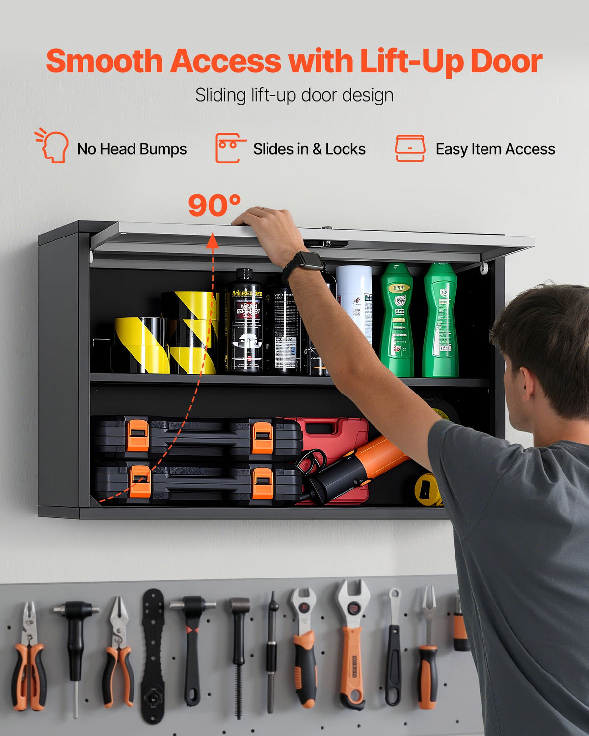 VEVOR Metal Wall Cabinet, 27.56W x 12.01D x 19.69H Inch, Floating Garage Tool Cabinet with Up-Flip Door and Shelf, 240 lbs Load Capacity, Fit for Garage, Basement, Kitchen, Warehouse Assembly Required - BGSGJJSFWKFGRZQCW001V0 - view 5