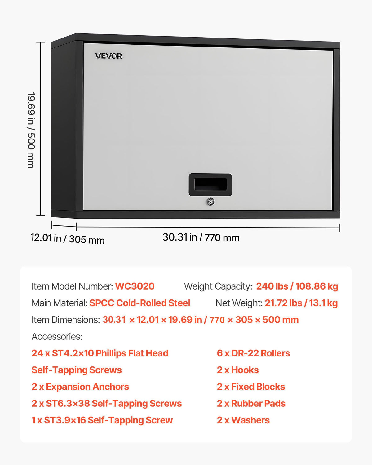 VEVOR Metal Wall Cabinet, 27.56W x 12.01D x 19.69H Inch, Floating Garage Tool Cabinet with Up-Flip Door and Shelf, 240 lbs Load Capacity, Fit for Garage, Basement, Kitchen, Warehouse Assembly Required - BGSGJJSFWKFGRZQCW001V0 - view 8