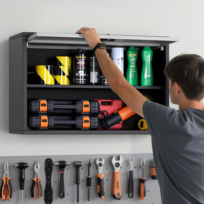 VEVOR Metal Wall Cabinet, 27.56W x 12.01D x 19.69H Inch, Floating Garage Tool Cabinet with Up-Flip Door and Shelf, 240 lbs Load Capacity, Fit for Garage, Basement, Kitchen, Warehouse Assembly Required - BGSGJJSFWKFGRZQCW001V0 - view 9