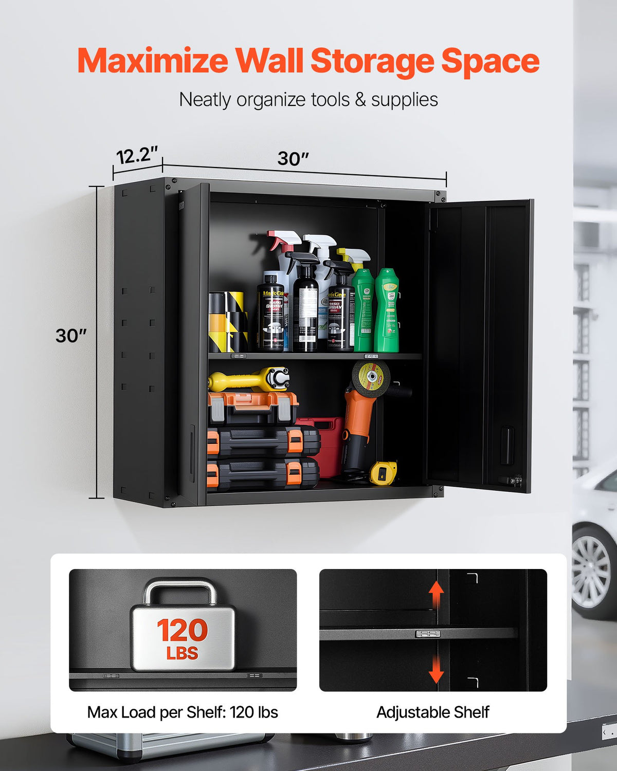 VEVOR Metal Wall Cabinet, 30W x 12.2D x 30H Inch, Steel Floating Hanging Storage Cabinet with Locking Doors and Adjustable Shelf for Garage, Basement, Kitchen, Warehouse Assembly Required, Black - BGSGJJSMWKFG9DCUT001V0 - view 3