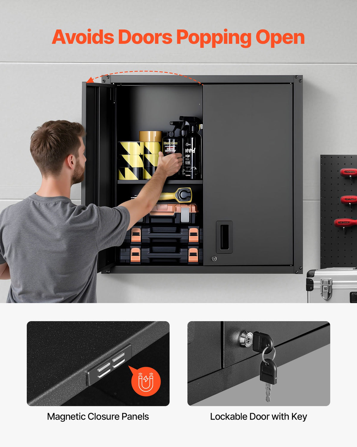 VEVOR Metal Wall Cabinet, 30W x 12.2D x 30H Inch, Steel Floating Hanging Storage Cabinet with Locking Doors and Adjustable Shelf for Garage, Basement, Kitchen, Warehouse Assembly Required, Black - BGSGJJSMWKFG9DCUT001V0 - view 5