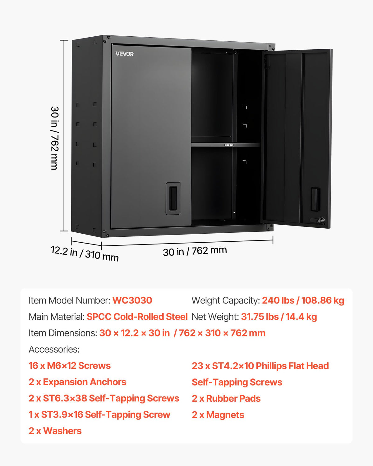 VEVOR Metal Wall Cabinet, 30W x 12.2D x 30H Inch, Steel Floating Hanging Storage Cabinet with Locking Doors and Adjustable Shelf for Garage, Basement, Kitchen, Warehouse Assembly Required, Black - BGSGJJSMWKFG9DCUT001V0 - view 8