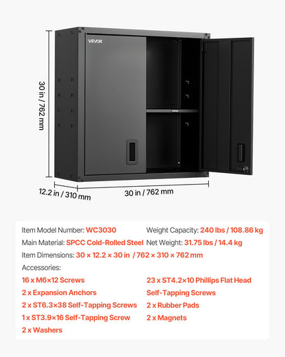 VEVOR Metal Wall Cabinet, 30W x 12.2D x 30H Inch, Steel Floating Hanging Storage Cabinet with Locking Doors and Adjustable Shelf for Garage, Basement, Kitchen, Warehouse Assembly Required, Black - BGSGJJSMWKFG9DCUT001V0 - view 8
