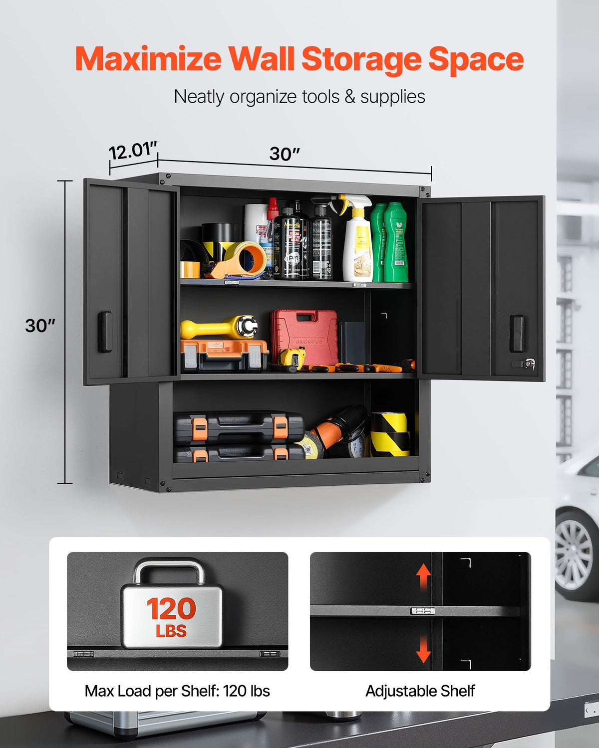 VEVOR Metal Wall Cabinet, 30W x 12.01D x 30H Inch, Steel Floating Hanging Storage Cabinet with Locking Doors and Adjustable Shelf for Garage, Basement, Kitchen, Warehouse Assembly Required, Black - BGSGJJSMXFKFTKITF001V0 - view 3