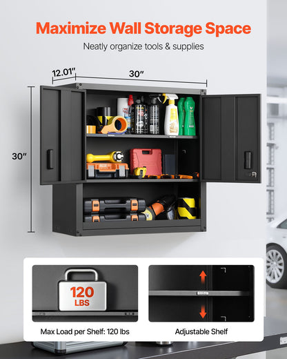 VEVOR Metal Wall Cabinet, 30W x 12.01D x 30H Inch, Steel Floating Hanging Storage Cabinet with Locking Doors and Adjustable Shelf for Garage, Basement, Kitchen, Warehouse Assembly Required, Black - BGSGJJSMXFKFTKITF001V0 - view 3