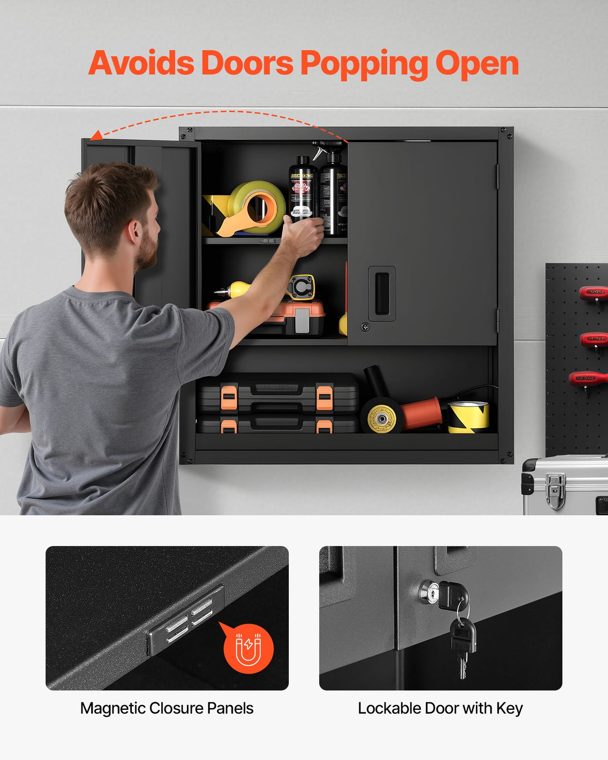 VEVOR Metal Wall Cabinet, 30W x 12.01D x 30H Inch, Steel Floating Hanging Storage Cabinet with Locking Doors and Adjustable Shelf for Garage, Basement, Kitchen, Warehouse Assembly Required, Black - BGSGJJSMXFKFTKITF001V0 - view 5