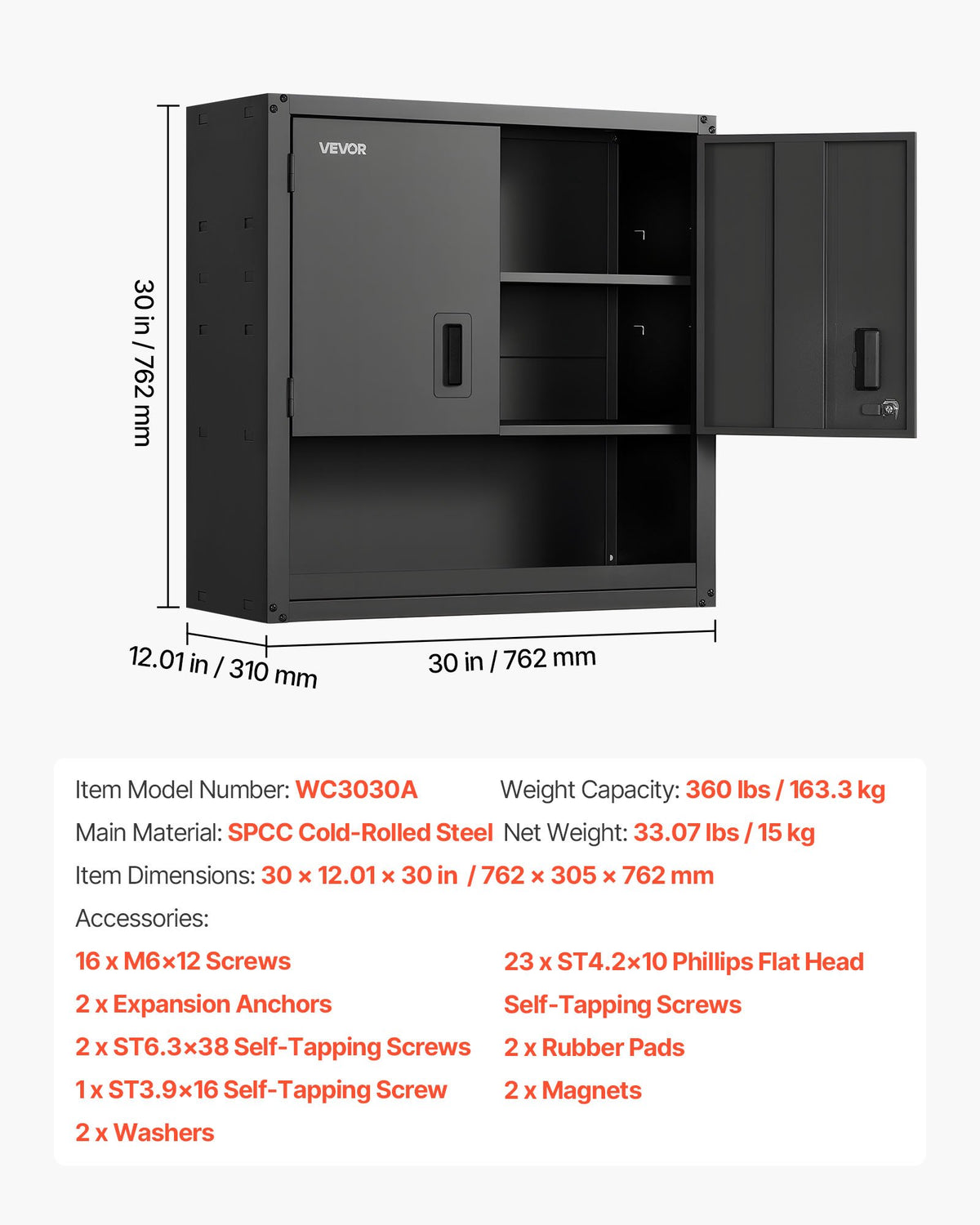VEVOR Metal Wall Cabinet, 30W x 12.01D x 30H Inch, Steel Floating Hanging Storage Cabinet with Locking Doors and Adjustable Shelf for Garage, Basement, Kitchen, Warehouse Assembly Required, Black - BGSGJJSMXFKFTKITF001V0 - view 8