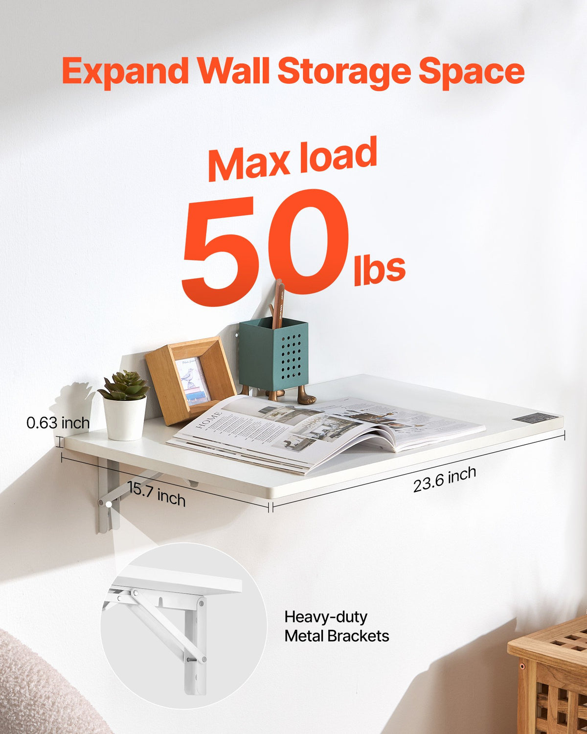 VEVOR Wall Mounted Folding Table, 23.6 x 15.7 inches Wall Mount Table, Floating Desk with Iron Bracket, Fold Down Desk for Small Spaces, Home Office, Dining, Laundry Room, Kitchen, Bar, White - BGSGZZPMBHB2PNPB7V0 - view 3
