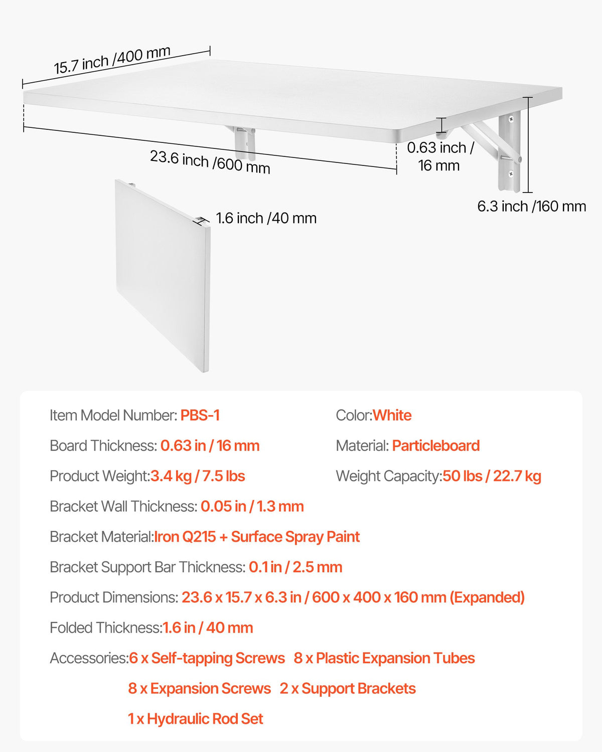 VEVOR Wall Mounted Folding Table, 23.6 x 15.7 inches Wall Mount Table, Floating Desk with Iron Bracket, Fold Down Desk for Small Spaces, Home Office, Dining, Laundry Room, Kitchen, Bar, White - BGSGZZPMBHB2PNPB7V0 - view 8