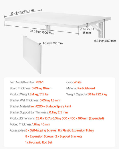 VEVOR Wall Mounted Folding Table, 23.6 x 15.7 inches Wall Mount Table, Floating Desk with Iron Bracket, Fold Down Desk for Small Spaces, Home Office, Dining, Laundry Room, Kitchen, Bar, White - BGSGZZPMBHB2PNPB7V0 - view 8