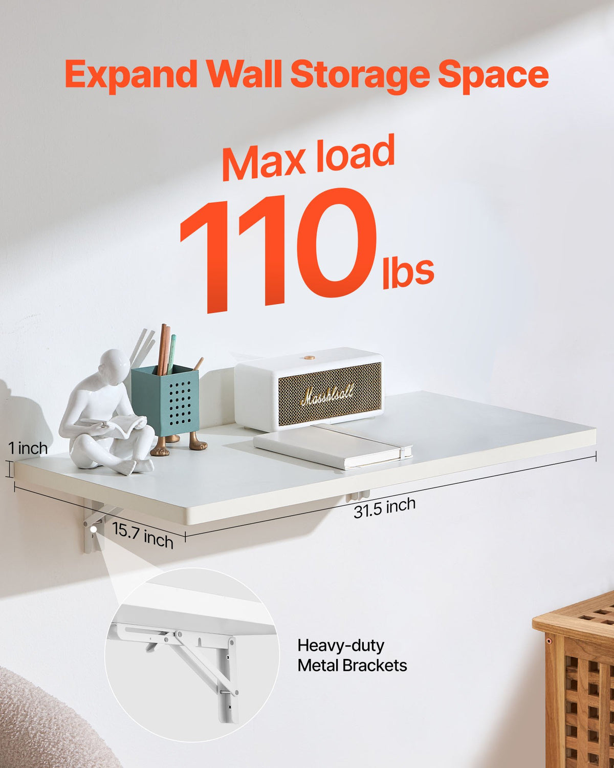 VEVOR Wall Mounted Folding Table, 31.5 x 15.7 inches Wall Mount Table, Floating Desk with Iron Bracket, Fold Down Desk for Small Spaces, Home Office, Dining, Laundry Room, Kitchen, Bar, White - BGSGZZPMBHB3P8N0HV0 - view 3