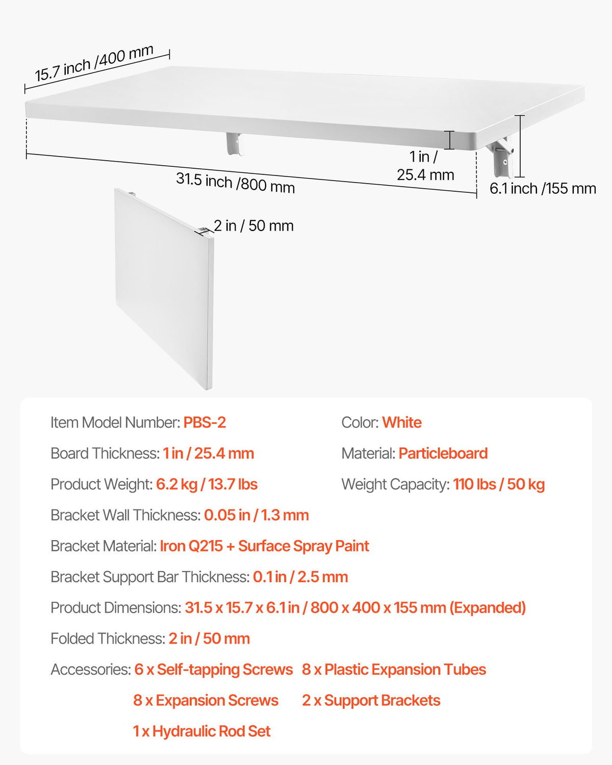 VEVOR Wall Mounted Folding Table, 31.5 x 15.7 inches Wall Mount Table, Floating Desk with Iron Bracket, Fold Down Desk for Small Spaces, Home Office, Dining, Laundry Room, Kitchen, Bar, White - BGSGZZPMBHB3P8N0HV0 - view 8