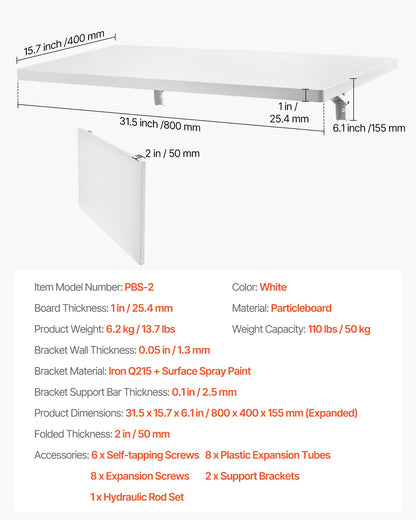 VEVOR Wall Mounted Folding Table, 31.5 x 15.7 inches Wall Mount Table, Floating Desk with Iron Bracket, Fold Down Desk for Small Spaces, Home Office, Dining, Laundry Room, Kitchen, Bar, White - BGSGZZPMBHB3P8N0HV0 - view 8