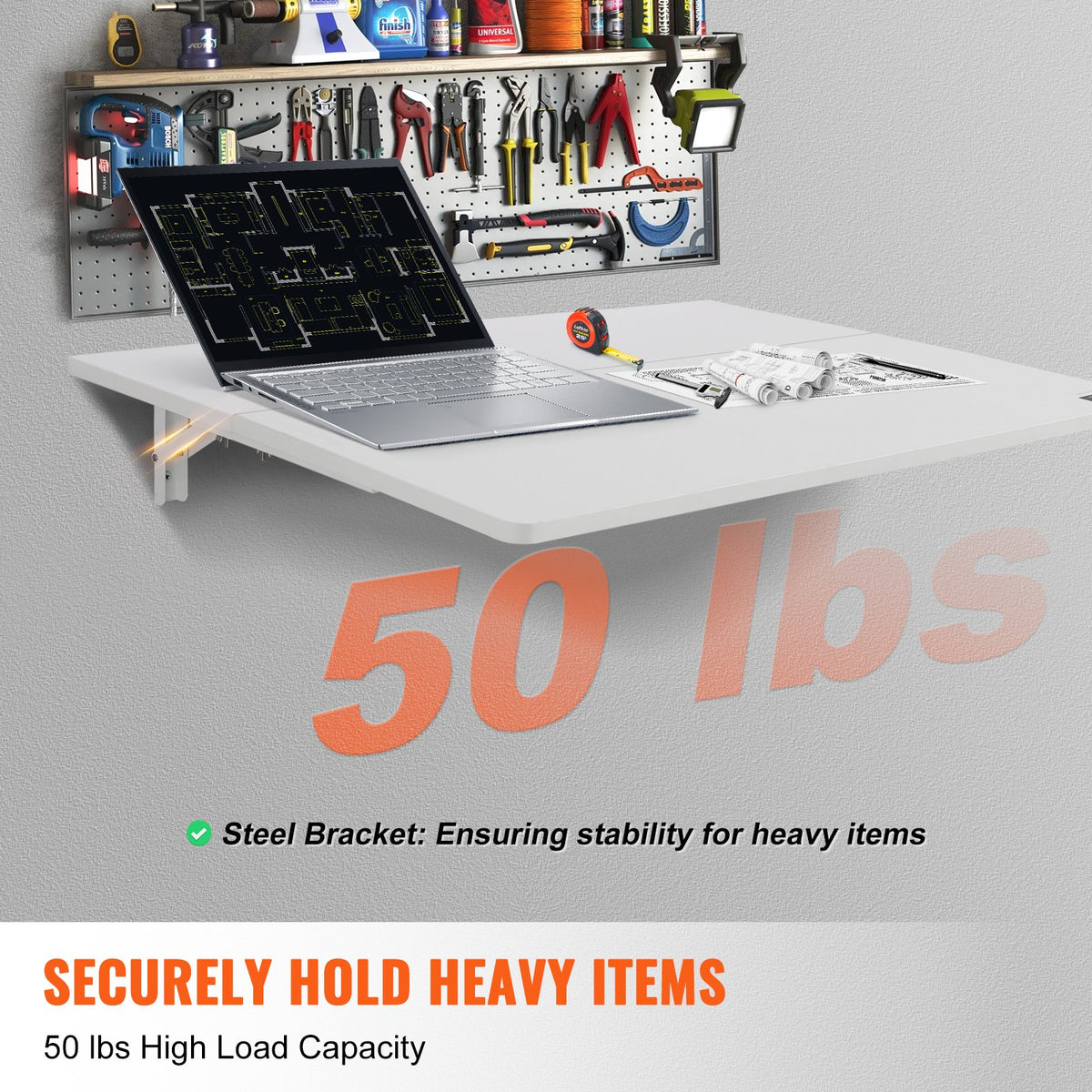 VEVOR Wall Mounted Folding Table, 31.5" x 19.69" Wall Mount Drop Leaf Table, Floating Desk with Iron Bracket, Fold Down Desk for Small Spaces, Home Office, Dining, Laundry Room, Kitchen, Bar, White - BGSGZZPMBHB3RZ99PV0 - view 4