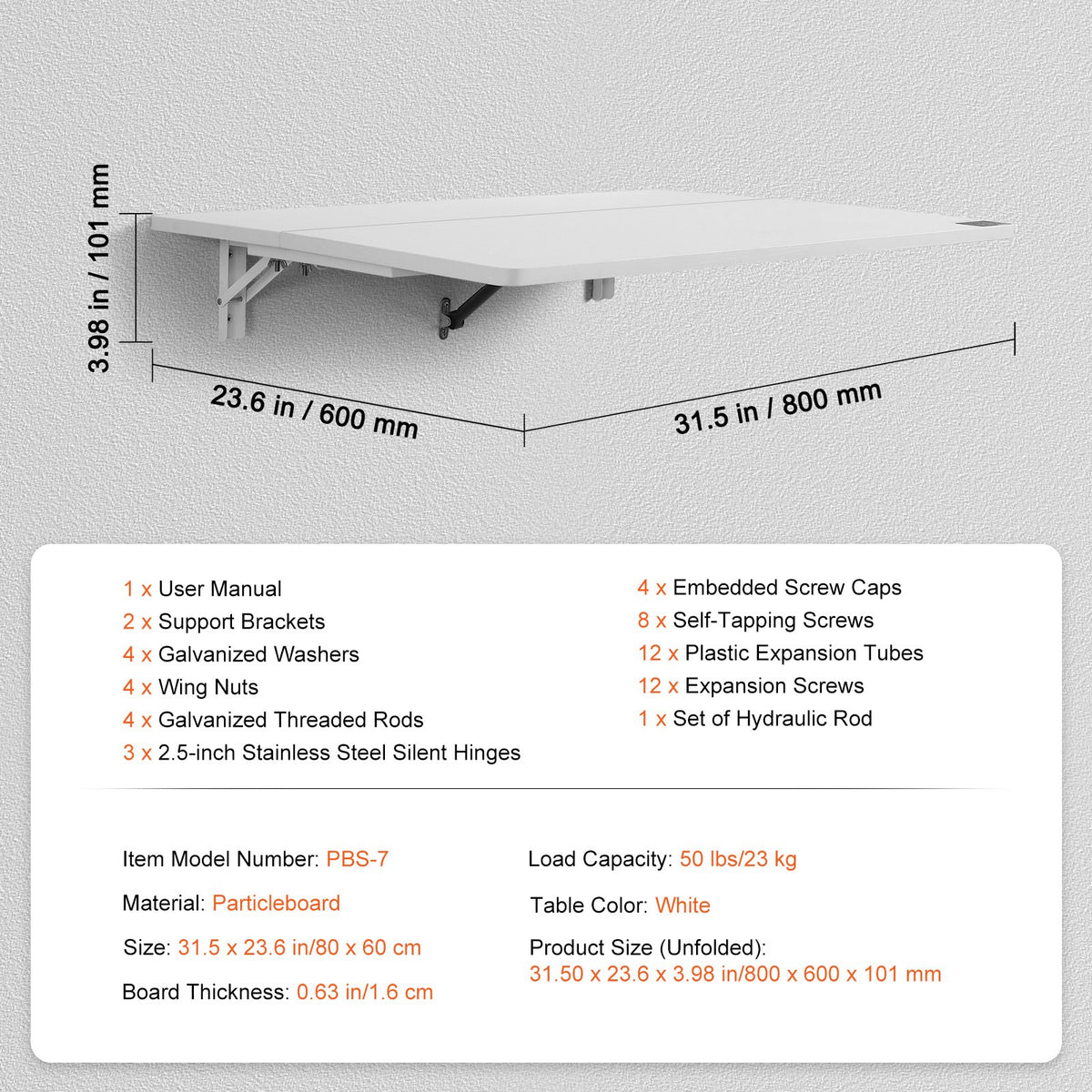 VEVOR Wall Mounted Folding Table, 31.5" x 19.69" Wall Mount Drop Leaf Table, Floating Desk with Iron Bracket, Fold Down Desk for Small Spaces, Home Office, Dining, Laundry Room, Kitchen, Bar, White - BGSGZZPMBHB3RZ99PV0 - view 8