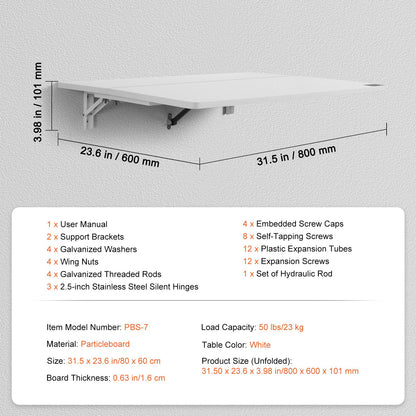 VEVOR Wall Mounted Folding Table, 31.5" x 19.69" Wall Mount Drop Leaf Table, Floating Desk with Iron Bracket, Fold Down Desk for Small Spaces, Home Office, Dining, Laundry Room, Kitchen, Bar, White - BGSGZZPMBHB3RZ99PV0 - view 8