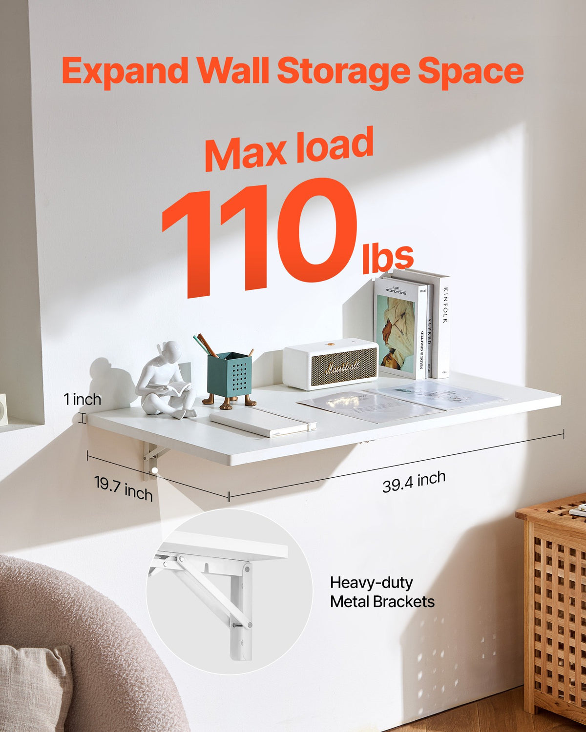VEVOR Wall Mounted Folding Table, 39.4 x 19.7 inches Wall Mount Table, Floating Desk with Iron Bracket, Fold Down Desk for Small Spaces, Home Office, Dining, Laundry Room, Kitchen, Bar, White - BGSGZZPMBHB3UG5NNV0 - view 3