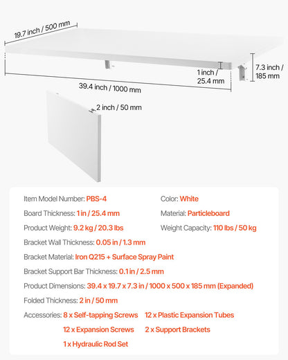 VEVOR Wall Mounted Folding Table, 39.4 x 19.7 inches Wall Mount Table, Floating Desk with Iron Bracket, Fold Down Desk for Small Spaces, Home Office, Dining, Laundry Room, Kitchen, Bar, White - BGSGZZPMBHB3UG5NNV0 - view 8