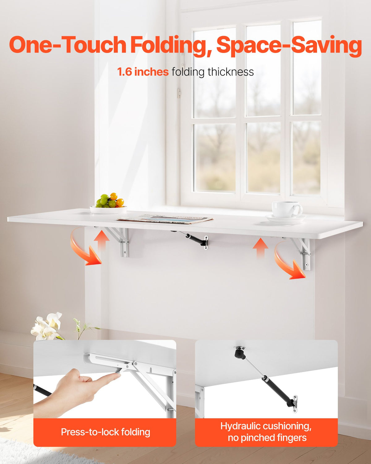 VEVOR Wall Mounted Folding Table, 43.3 x 18 inches Wall Mount Table, Floating Desk with Iron Bracket, Fold Down Desk for Small Spaces, Home Office, Dining, Laundry Room, Kitchen, Bar, White - BGSGZZPMBHB4SIRAJV0 - view 4