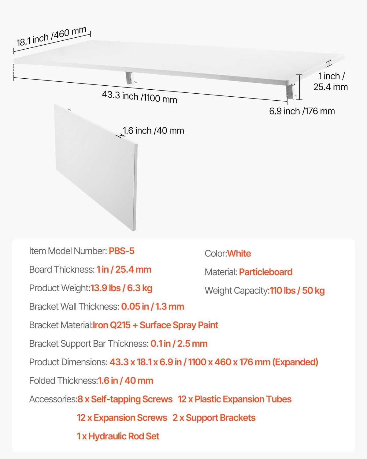 VEVOR Wall Mounted Folding Table, 43.3 x 18 inches Wall Mount Table, Floating Desk with Iron Bracket, Fold Down Desk for Small Spaces, Home Office, Dining, Laundry Room, Kitchen, Bar, White - BGSGZZPMBHB4SIRAJV0 - view 8