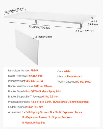 VEVOR Wall Mounted Folding Table, 43.3 x 18 inches Wall Mount Table, Floating Desk with Iron Bracket, Fold Down Desk for Small Spaces, Home Office, Dining, Laundry Room, Kitchen, Bar, White - BGSGZZPMBHB4SIRAJV0 - view 8
