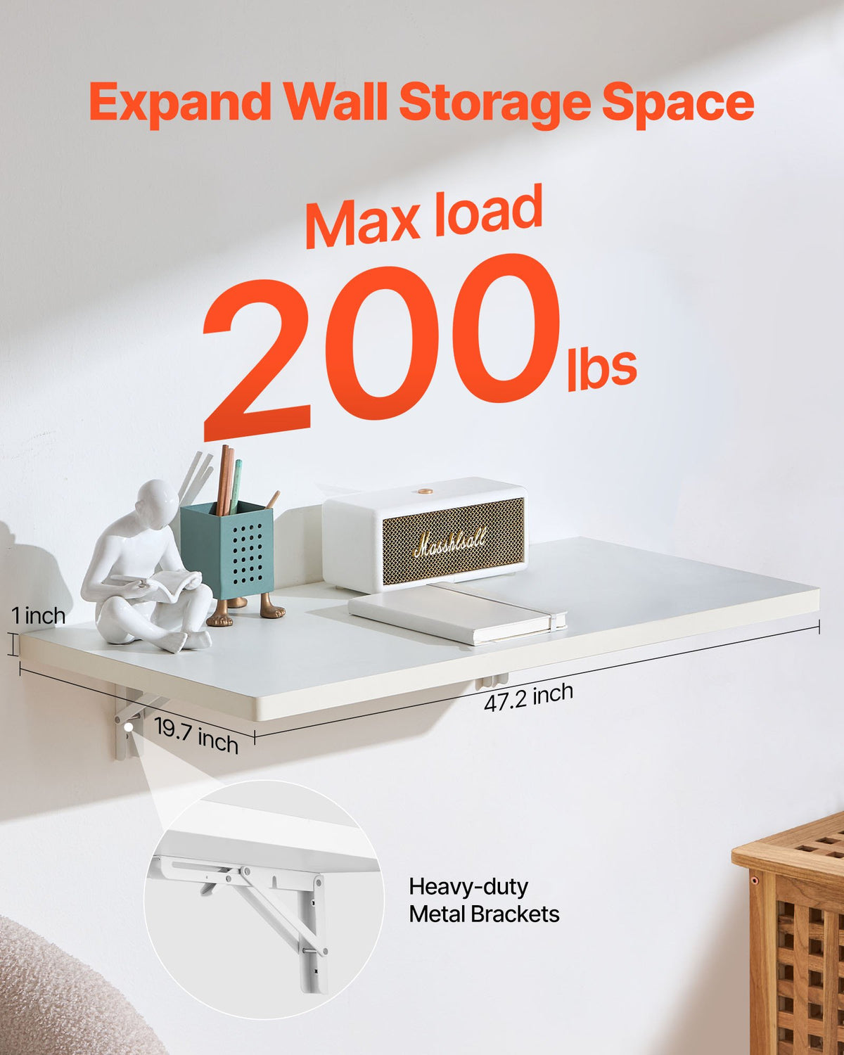 VEVOR Wall Mounted Folding Table, 47.2 x 19.7 inches Wall Mount Table, Floating Desk with Iron Bracket, Fold Down Desk for Small Spaces, Home Office, Dining, Laundry Room, Kitchen, Bar, White - BGSGZZPMBHB4VPYF8V0 - view 3