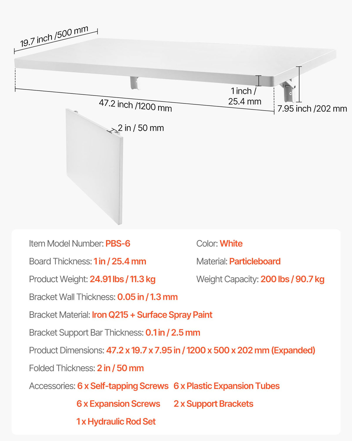 VEVOR Wall Mounted Folding Table, 47.2 x 19.7 inches Wall Mount Table, Floating Desk with Iron Bracket, Fold Down Desk for Small Spaces, Home Office, Dining, Laundry Room, Kitchen, Bar, White - BGSGZZPMBHB4VPYF8V0 - view 8