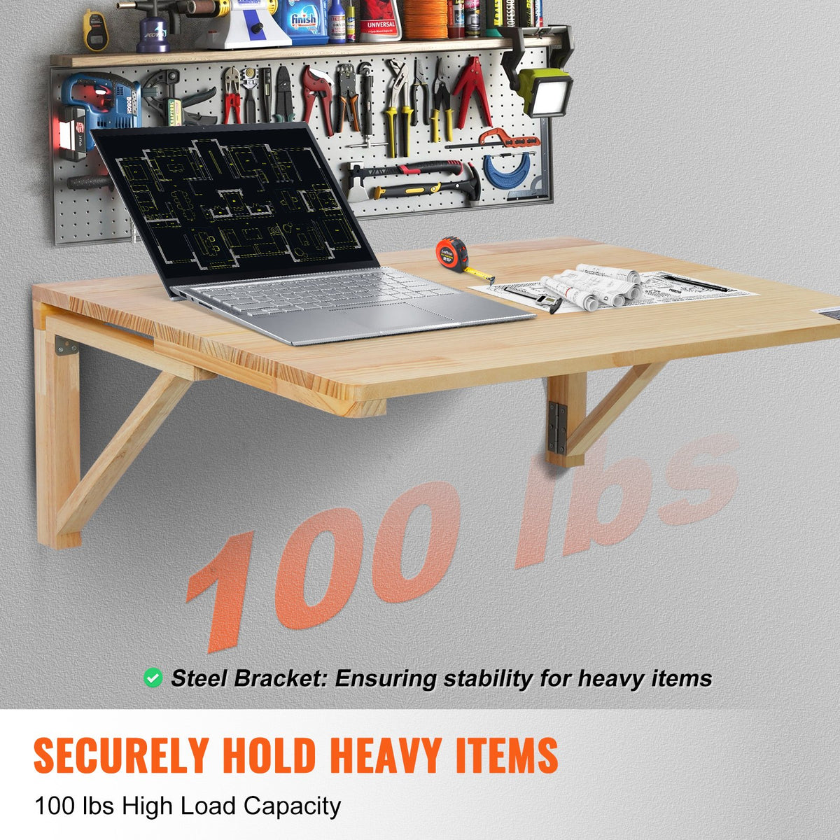 VEVOR Wall Mounted Folding Table, 31.5" x 23.62" Wall Mount Drop Leaf Table, Wooden Floating Desk with Iron Bracket, Fold Down Desk for Small Spaces, Home Office, Dining, Laundry Room, Kitchen, Bar - BGSGZZPMSM2938EPXV0 - view 4