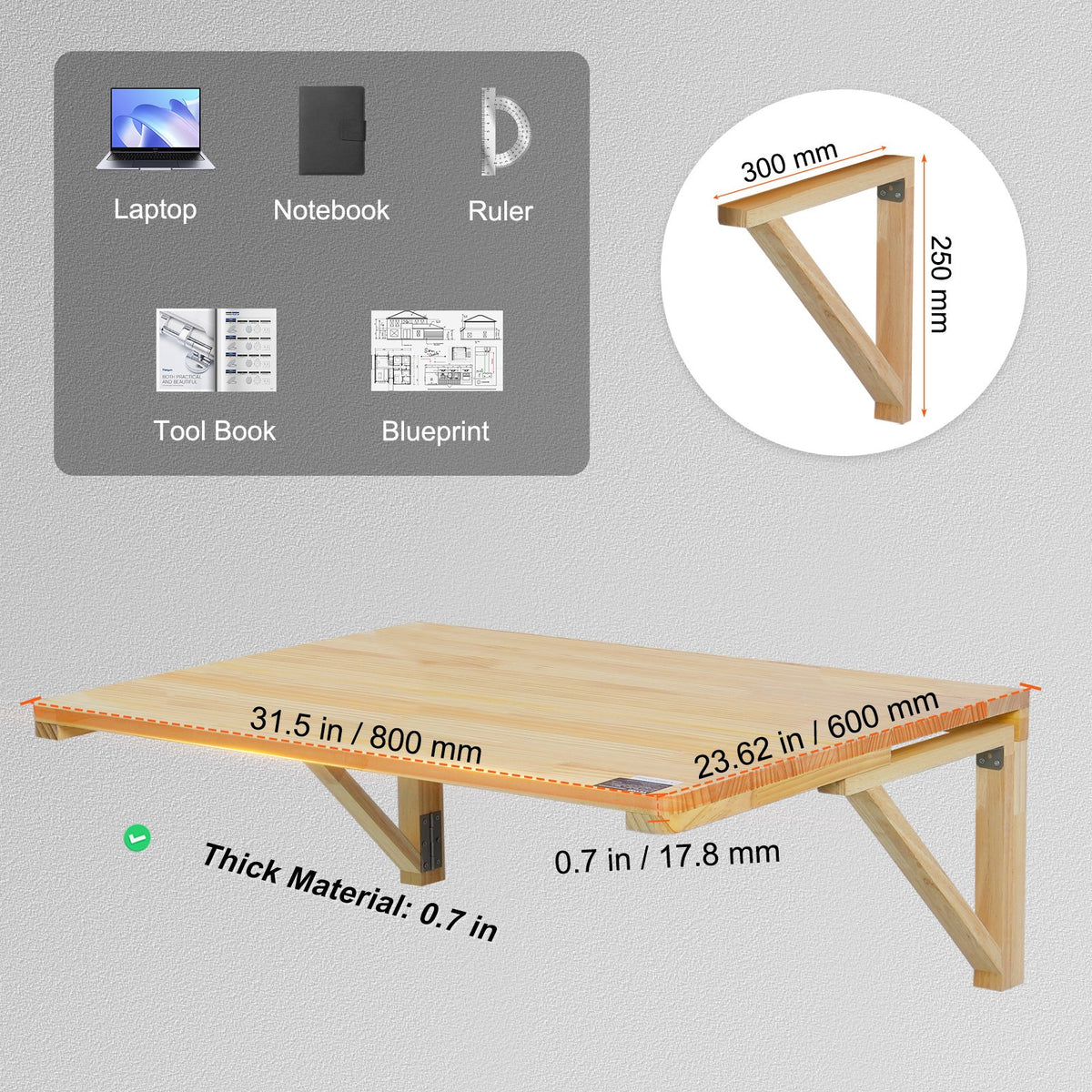 VEVOR Wall Mounted Folding Table, 31.5" x 23.62" Wall Mount Drop Leaf Table, Wooden Floating Desk with Iron Bracket, Fold Down Desk for Small Spaces, Home Office, Dining, Laundry Room, Kitchen, Bar - BGSGZZPMSM2938EPXV0 - view 6