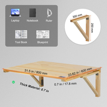 VEVOR Wall Mounted Folding Table, 31.5" x 23.62" Wall Mount Drop Leaf Table, Wooden Floating Desk with Iron Bracket, Fold Down Desk for Small Spaces, Home Office, Dining, Laundry Room, Kitchen, Bar - BGSGZZPMSM2938EPXV0 - view 6