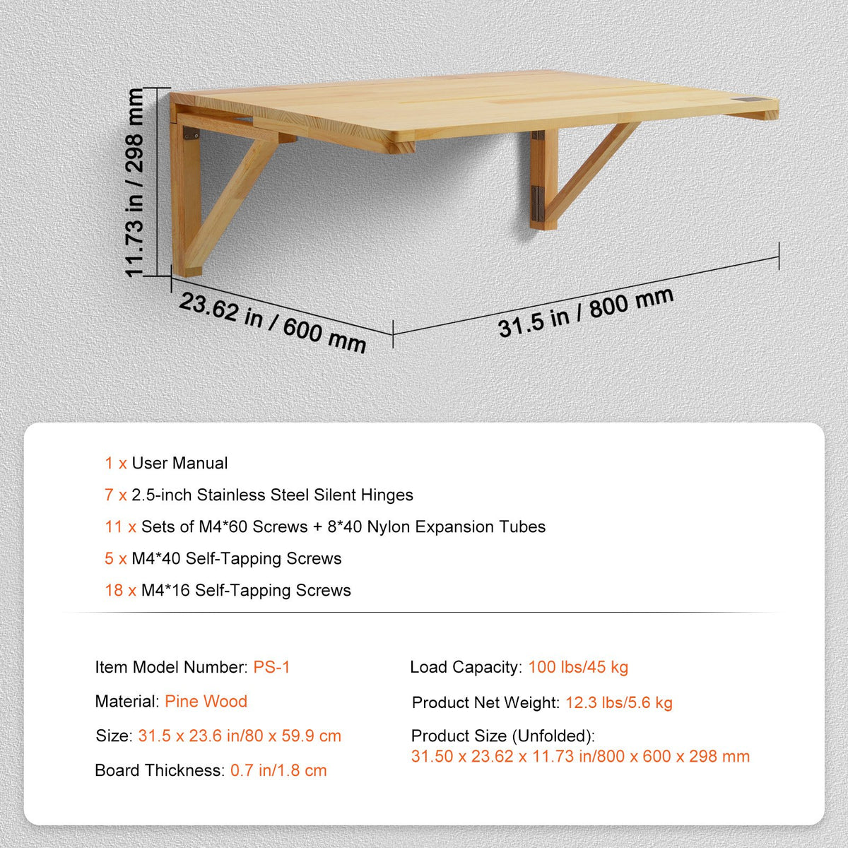 VEVOR Wall Mounted Folding Table, 31.5" x 23.62" Wall Mount Drop Leaf Table, Wooden Floating Desk with Iron Bracket, Fold Down Desk for Small Spaces, Home Office, Dining, Laundry Room, Kitchen, Bar - BGSGZZPMSM2938EPXV0 - view 8