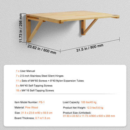 VEVOR Wall Mounted Folding Table, 31.5" x 23.62" Wall Mount Drop Leaf Table, Wooden Floating Desk with Iron Bracket, Fold Down Desk for Small Spaces, Home Office, Dining, Laundry Room, Kitchen, Bar - BGSGZZPMSM2938EPXV0 - view 8