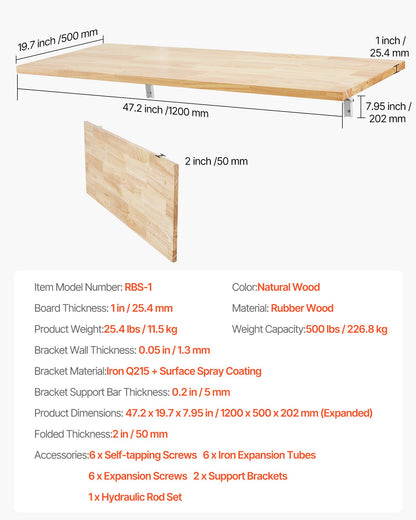 VEVOR Wall Mounted Folding Table, 47.2 x 19.7 inches Wall Mount Table, Floating Desk with Iron Bracket, Fold Down Desk for Small Spaces, Home Office, Dining, Laundry Room, Kitchen, Bar, Burlywood - BGSGZZPMSM47EM1UBV0 - view 8