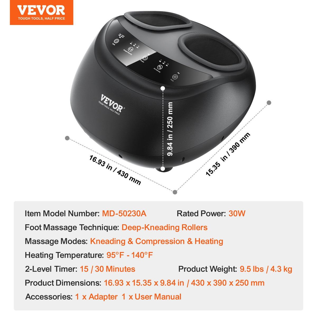 VEVOR Foot Massager Machine with Heat, Deep-Kneading, Compression, and Shiatsu for Plantar Fasciitis, Neuropathy, Gifts for Men, Women - Fits up to Men Size 12 - BGSJDAMQHSZYMU81IV1 - view 8