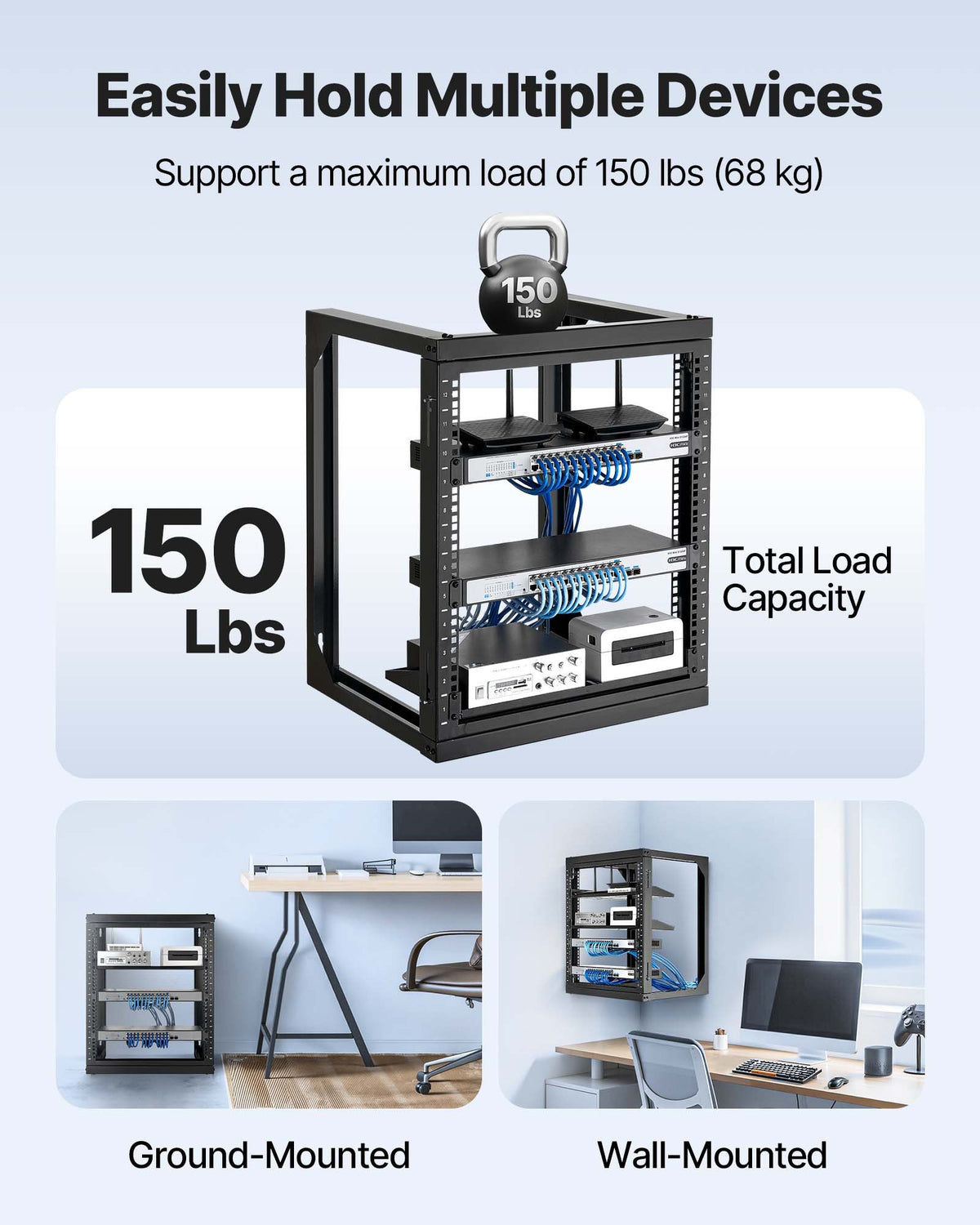 VEVOR 12U Wall Mount Server Rack, 150 lbs Max Load Capacity, Open Frame Network Rack with 180 Degrees Gate Swing, Carbon Steel, for 19-Inch IT Network Equipment & AV Devices Computer Server, Black - BGSJJ12U18YC9I110001V0 - view 4